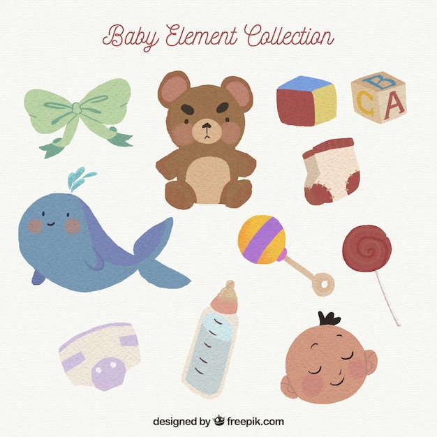 Baby elements collection with toys and clothes