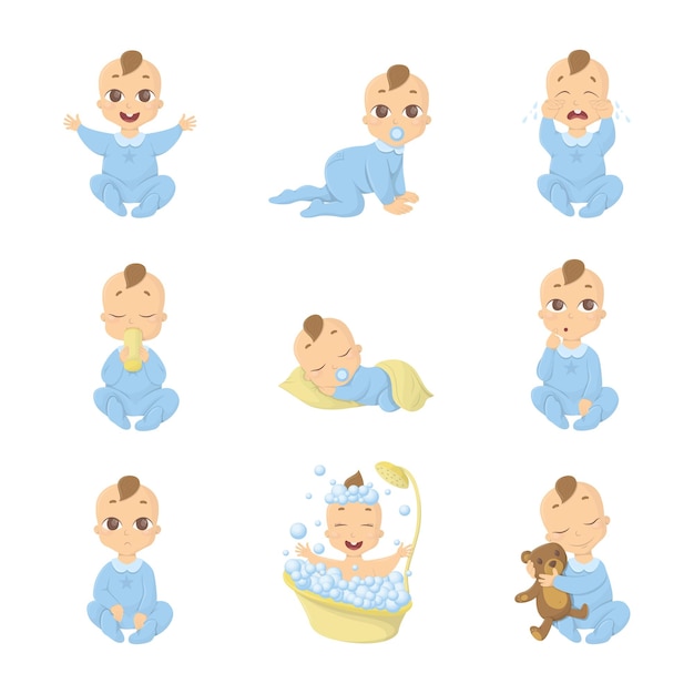 Baby emoji set Funny cute cartoon character on white background Boy in blue