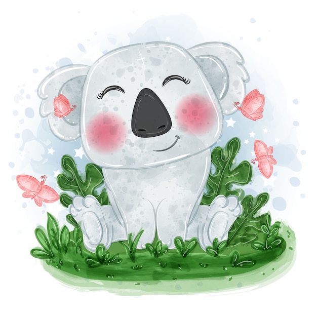 baby koala cute illustration sit down on the grass with butterfly