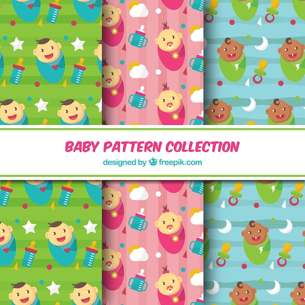 Baby patterns collection in flat style