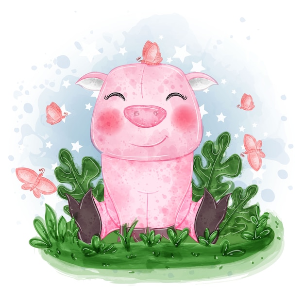 Baby pig cute illustration sit down on the grass with butterfly