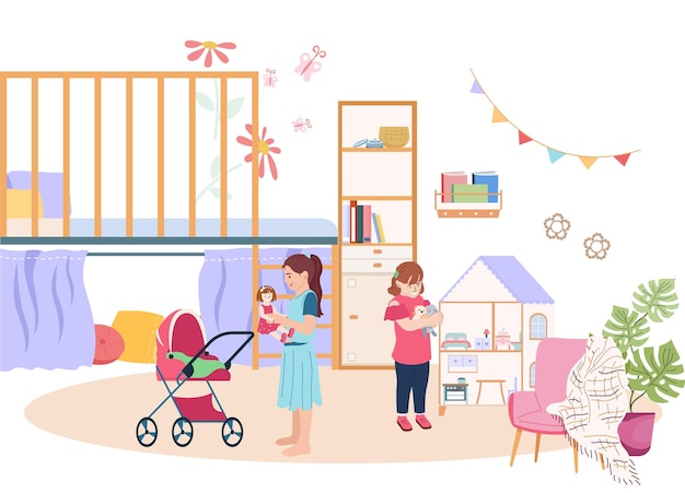 Free Vector baby room concept with toys and game symbols flat vector illustration