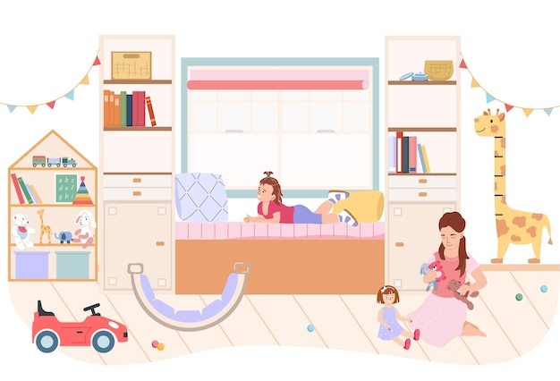 Free Vector baby room interior composition with toys and doll flat  vector illustration