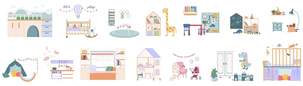 Free Vector baby room interior set with toys and bed flat isolated vector illustration