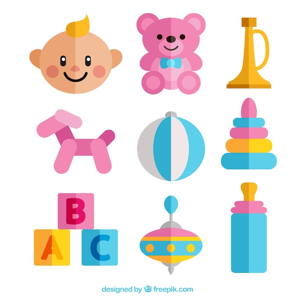 Baby set with toys in flat design