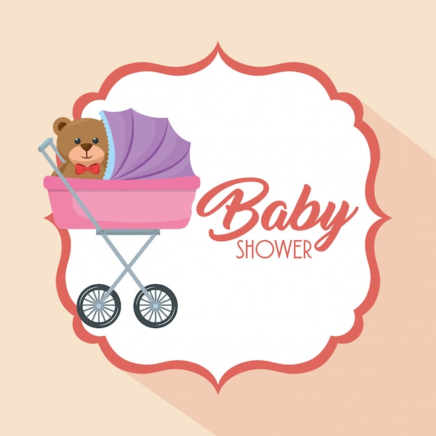 baby shower card with bear teddy in cart