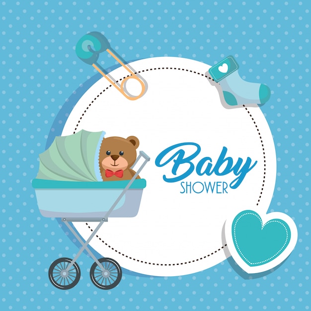 Free Vector baby shower card with bear teddy in cart