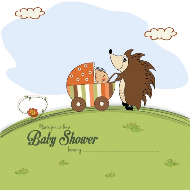 Free Vector baby shower card with a hedgehog that pushes a stroller with baby