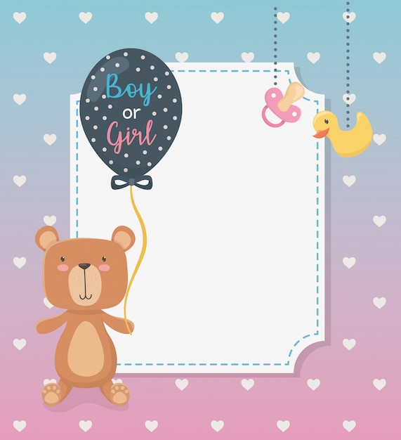 Free vector baby shower card with little bear teddy and balloons helium