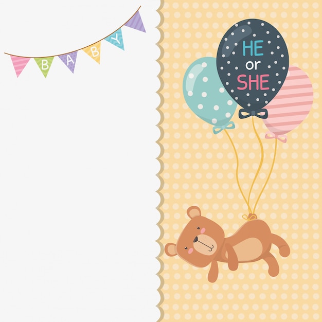 Baby shower card with little bear teddy and balloons helium