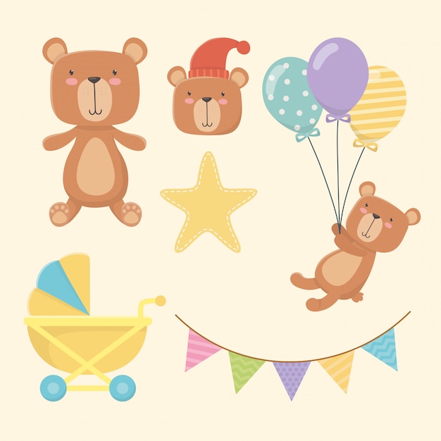 Free Vector baby shower card with little bears characters