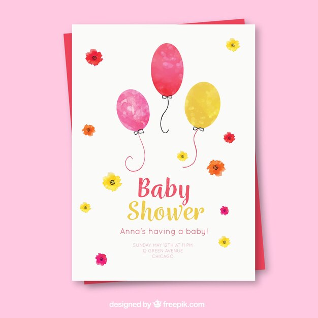 Baby shower invitation with balloons in watercolor style