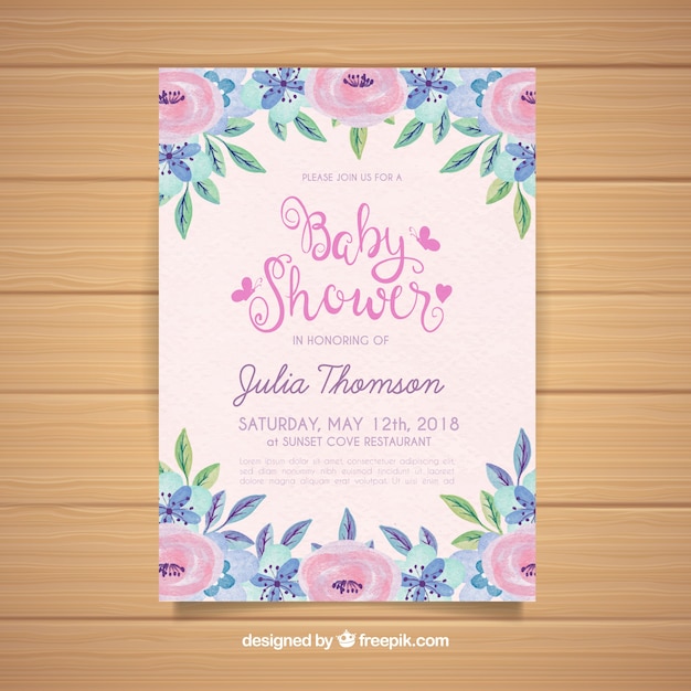 Baby shower invitation with flowers in watercolor style