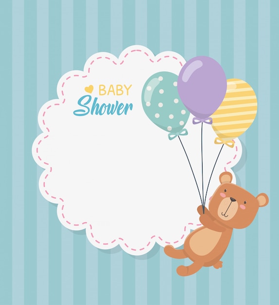 Baby shower lace card with little bear teddy and balloons helium