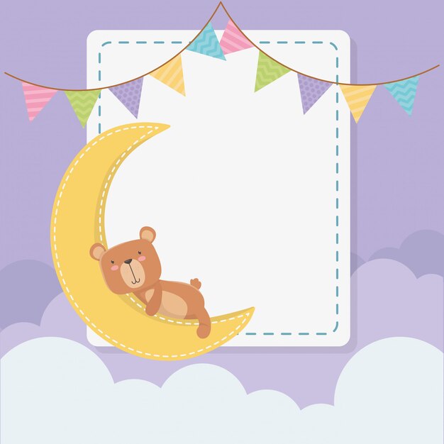 Baby shower square card with little bear teddy and moon