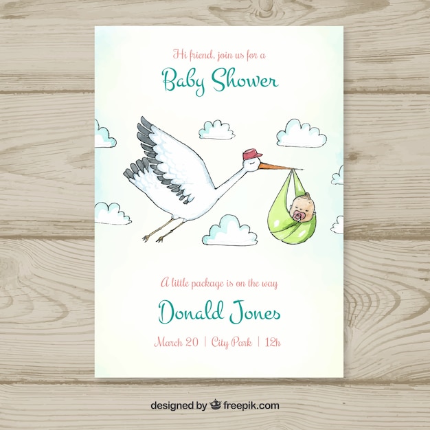 Free Vector baby shower template with stork carrying baby