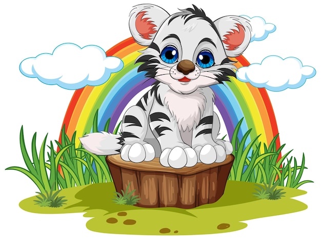 Free vector baby tiger cartoon character with rainbow in the sky