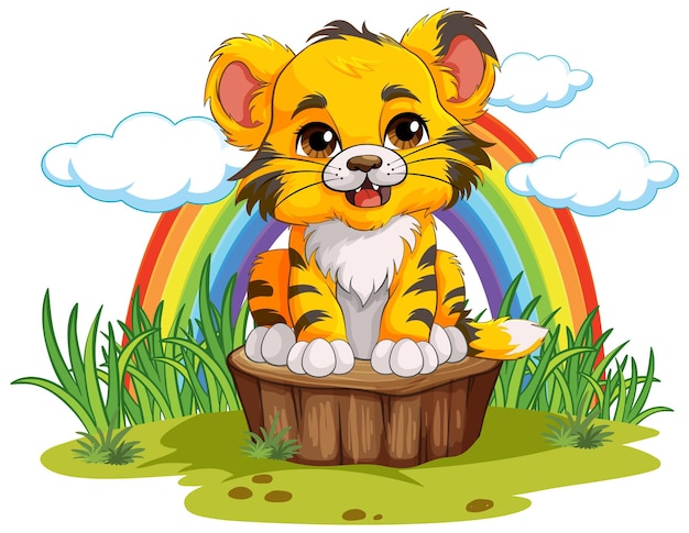 Free vector baby tiger in sitting pose with rainbow background