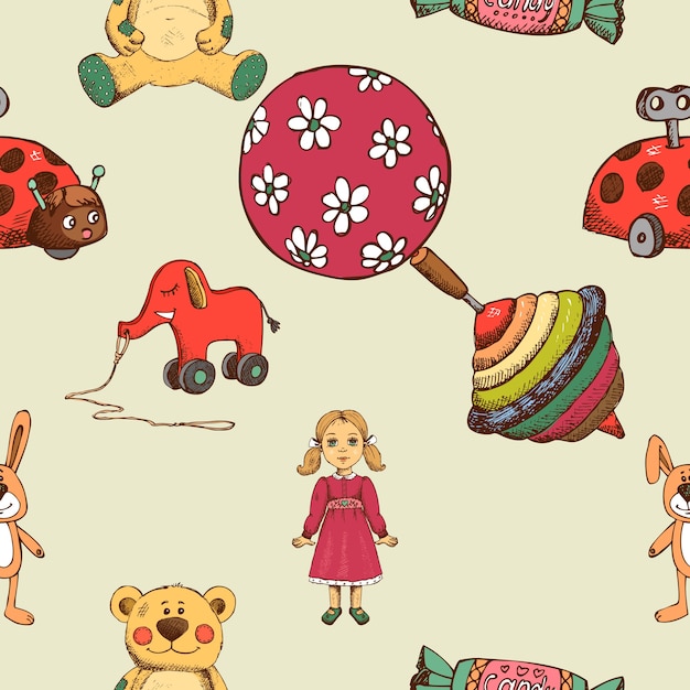 Baby toys seamless pattern, whirligig and elephant and doll. 