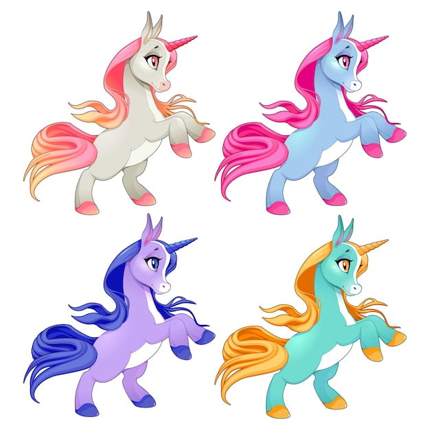 Baby unicorns on two legs. Cartoon vector isolated characters.