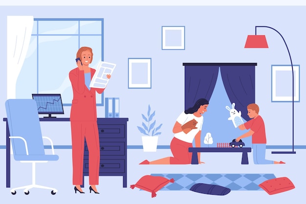 Babysitter businesswoman mother composition with living room scenery and working lady while nanny plays with child illustration