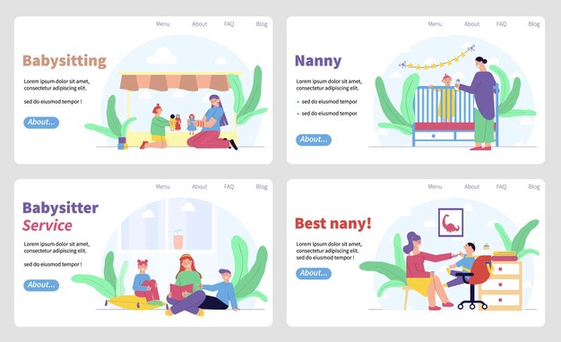 Babysitter service set of horizontal banners with flat characters of nannies with kids