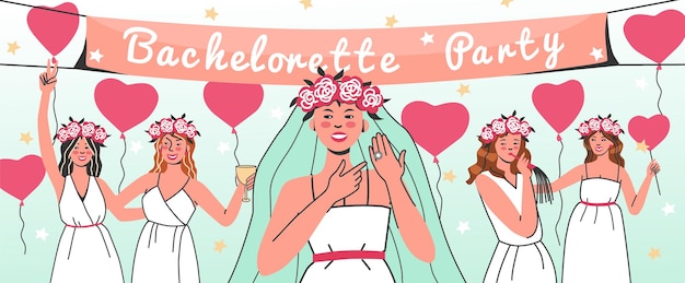 Bachelorette party hen party flat composition with doodle style female characters with balloons and ornate text vector illustration