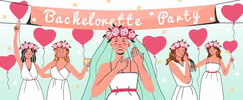 Free vector bachelorette party hen party flat composition with doodle style female characters with balloons and ornate text vector illustration