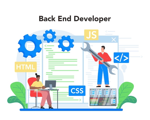 Back end development concept Software development process Website interface design improvement Programming and coding IT profession Isolated flat vector illustration