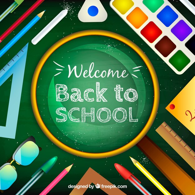 Back to school background with school supplies in realistic style