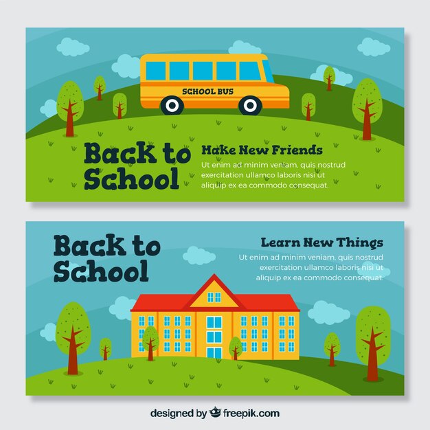 Back to school banners in flat design with school bus in landscape