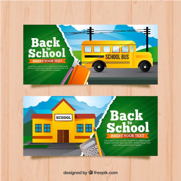 Back to school banners with bus and building