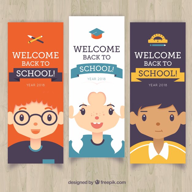 Back to school banners with students in flat style