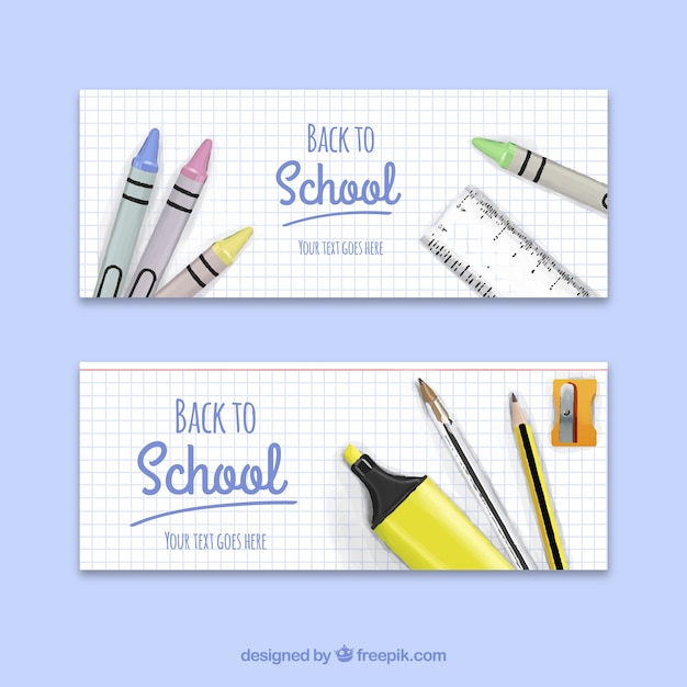 Free Vector back to school banners with waxes and other realistic elements