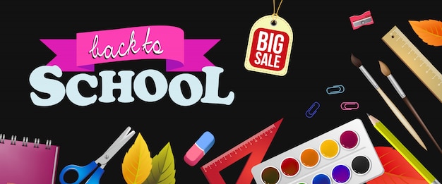 Back to school, big sale lettering with colorful supplies