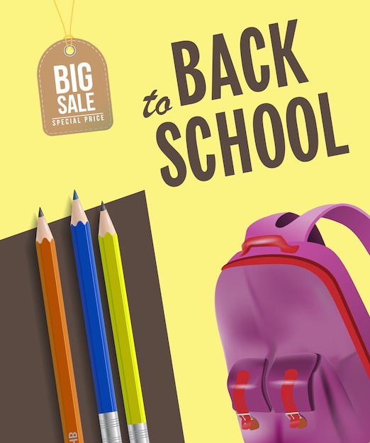 Free Vector back to school big sale poster with backpack, pencils