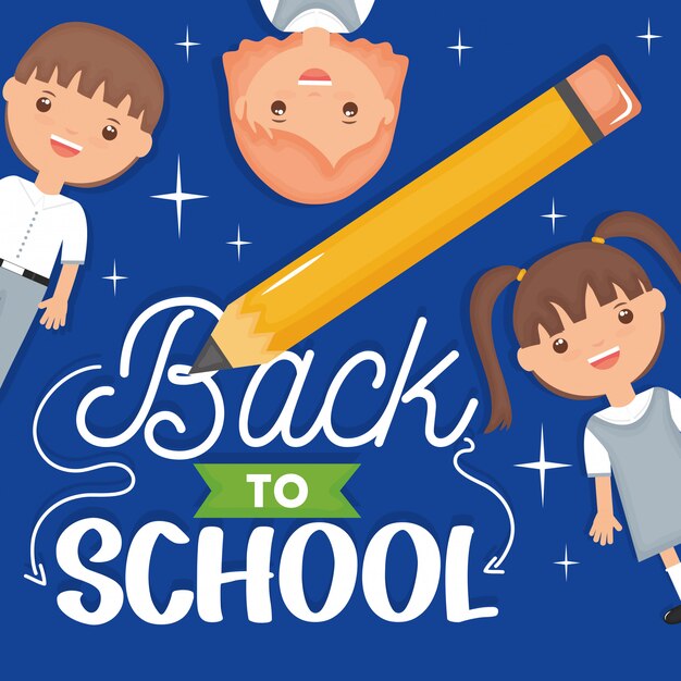 Back to school. Cute little students with pencil and font