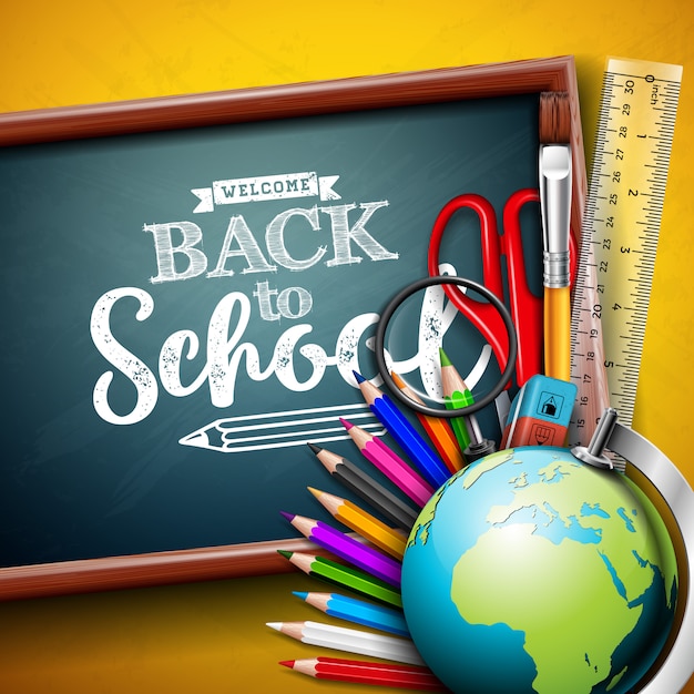 Back to school design with globe and chalkboard on yellow background