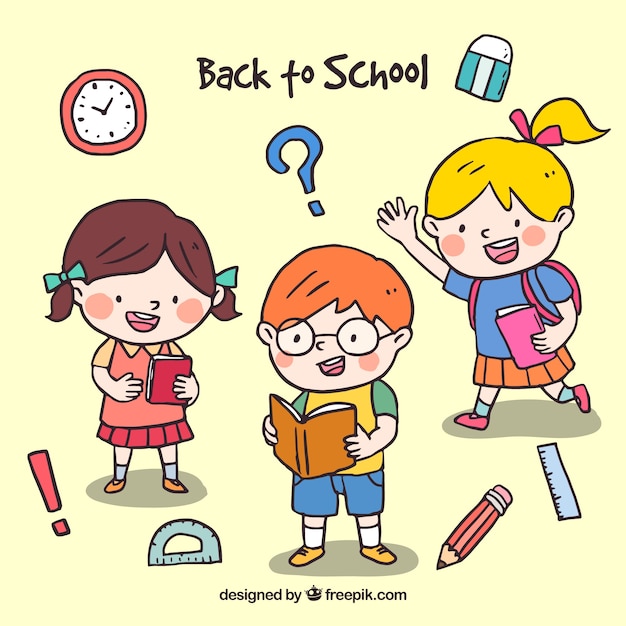 Back to school design with three happy school kids