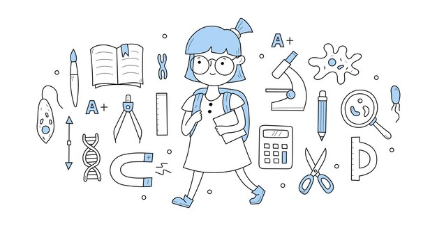 Back to school doodle concept Student girl with backpack and textbook in hand walking to class with educational icons around Little pupil ready for studying and learning Line art vector illustration