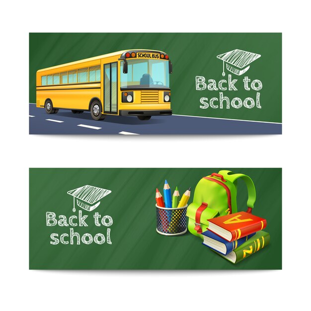 Back to school horizontal banners set with bus rucksack and books 