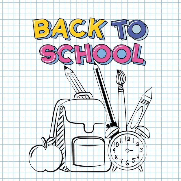 Free vector back to school illustration with supplies like bag clock, apple and pencil