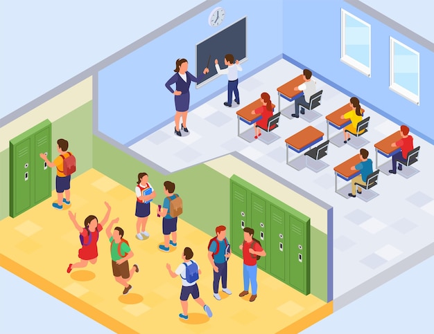 Free vector back to school isometric composition with indoor profile views of locker room and pupils in classroom vector illustration