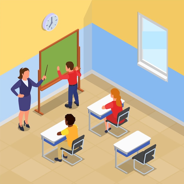 Free Vector back to school isometric composition with indoor view of classroom with set of pupils at desks vector illustration