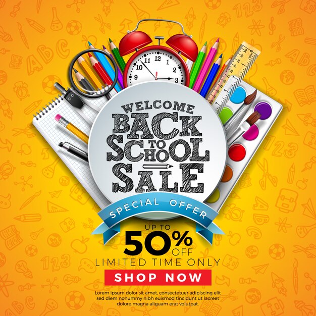 Back to School Sale banner with Colorful Pencil and Other Learning Items on Hand Drawn Doodles