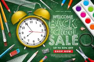 Free vector back to school sale design with alarm clock and typography letter on chalkboard background