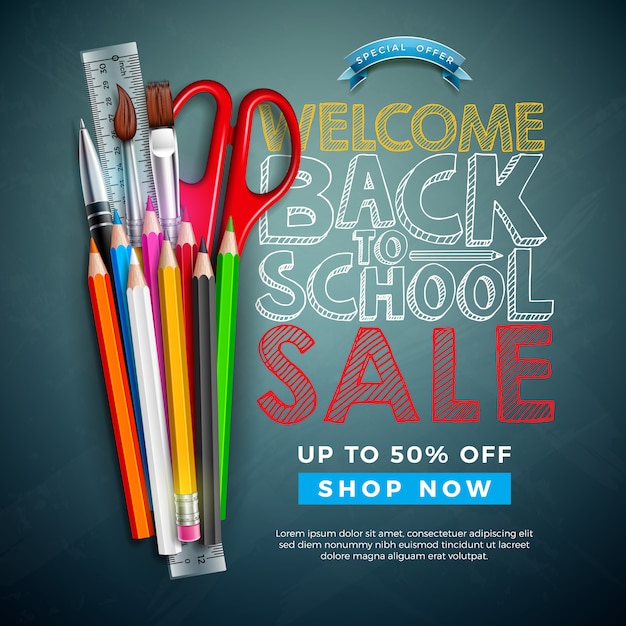 Free Vector back to school sale design with colorful pencil, brush and text written with chalk on chalkboard background