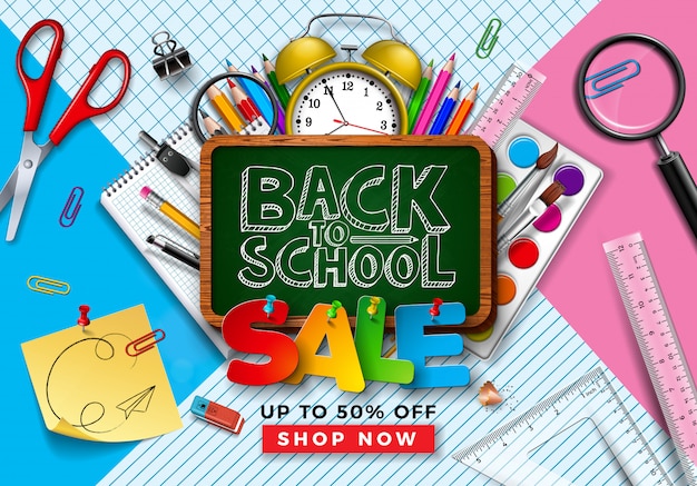 Back to School Sale Design with Learning Items on Square Grid and Line Background