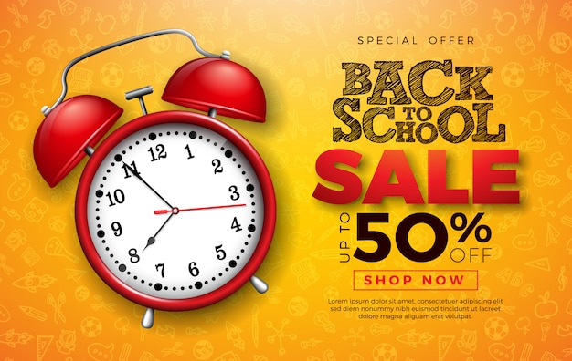 Back to School Sale Design with Red Alarm Clock and Typography Letter on Hand Drawn Doodles Background.