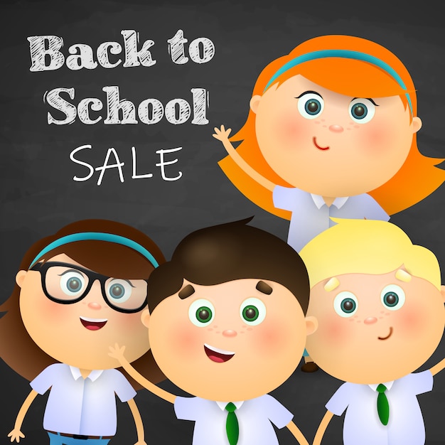 Back to school, sale lettering with happy boys and girls